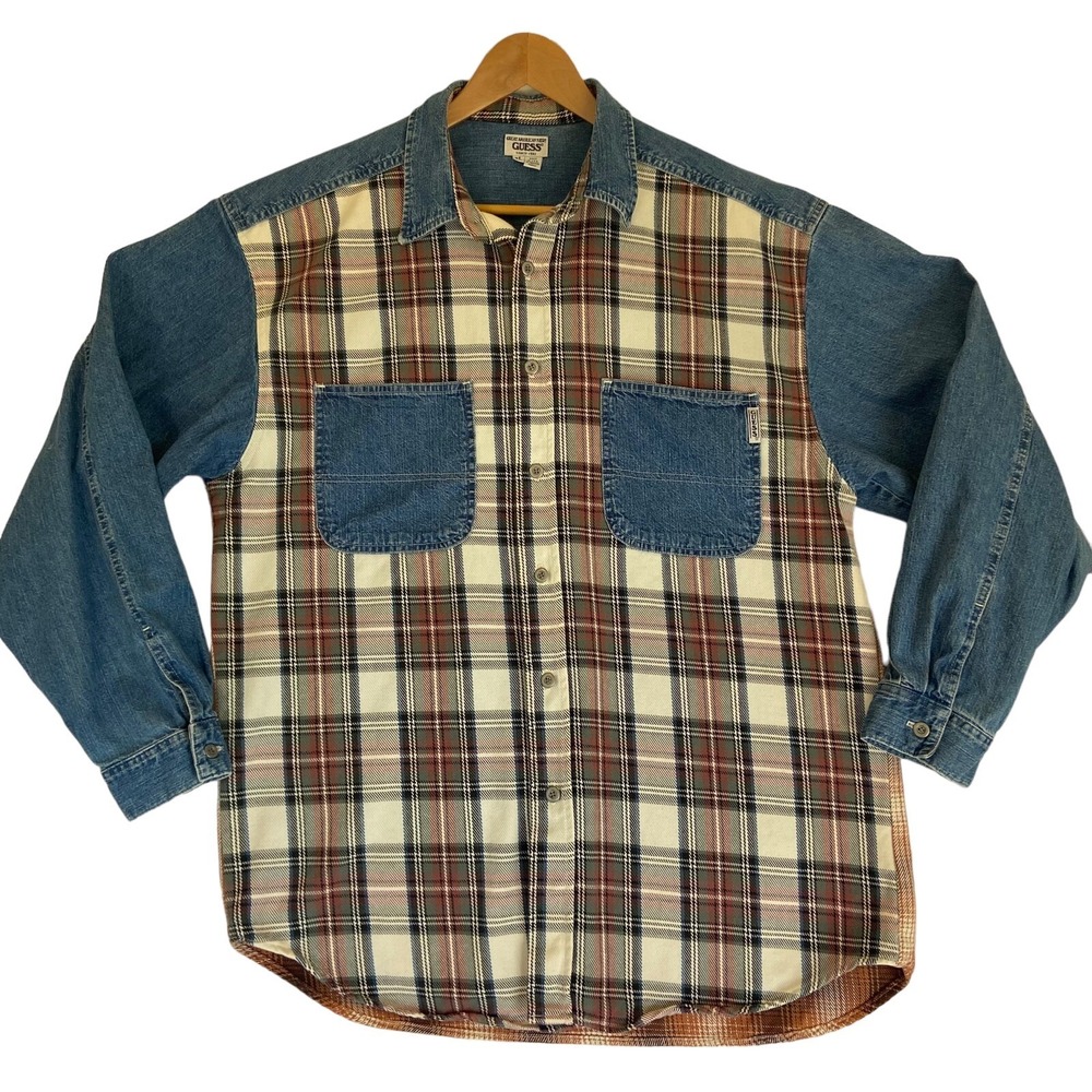 Vintage Guess Button Up Men's Western Shirt Size XL Denim Plaid Made in USA